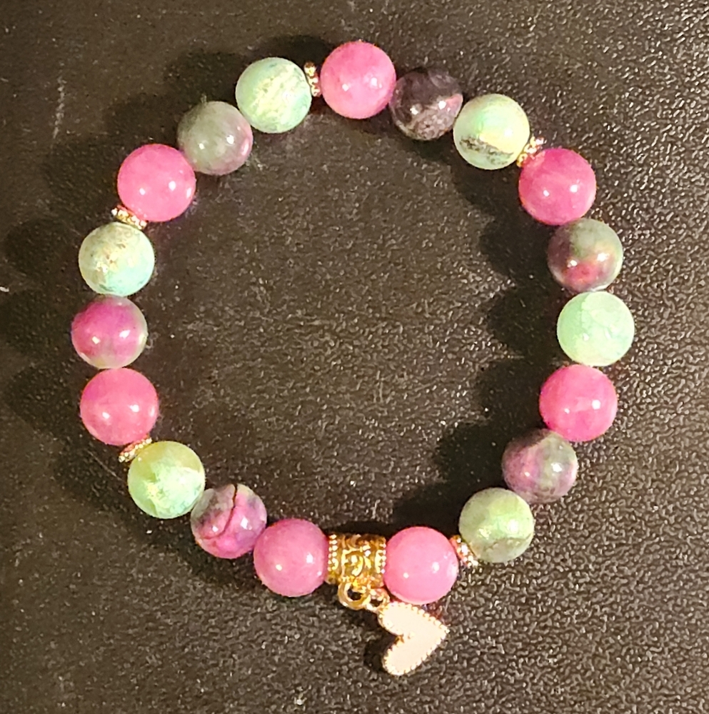 Pink and Green AKA Stone Bracelet with Charm 7"-8" in Length (GOLD) - Picture 3 of 4
